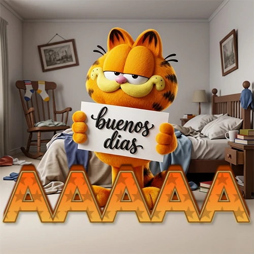 Garfield en dormitorio con pizarra blanca que dice 'Buenos Días', nombre en base 3D degradada naranja abajo. Nombre personalizado: AAAAA.