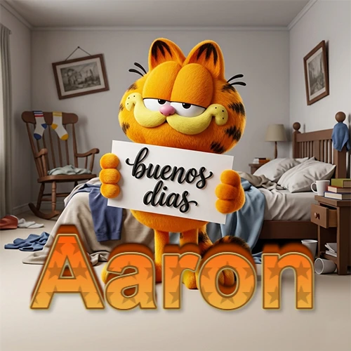 Garfield en dormitorio con pizarra blanca que dice 'Buenos Días', nombre en base 3D degradada naranja abajo. Nombre personalizado: Aaron.