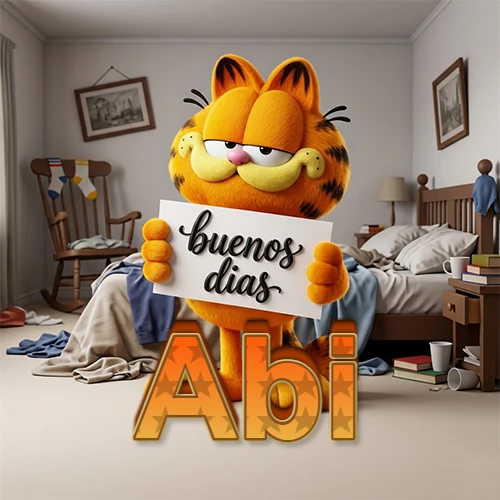 Garfield en dormitorio con pizarra blanca que dice 'Buenos Días', nombre en base 3D degradada naranja abajo. Nombre personalizado: Abi.