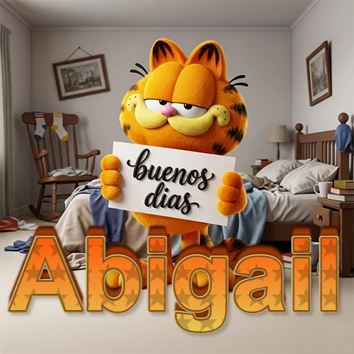 Garfield en dormitorio con pizarra blanca que dice 'Buenos Días', nombre en base 3D degradada naranja abajo. Nombre personalizado: Abigail.