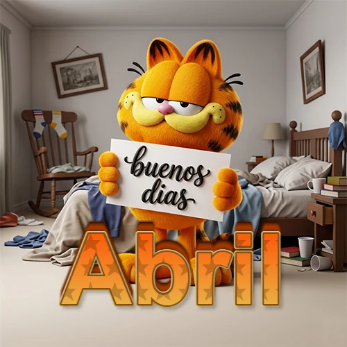 Garfield en dormitorio con pizarra blanca que dice 'Buenos Días', nombre en base 3D degradada naranja abajo. Nombre personalizado: Abril.