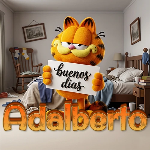 Garfield en dormitorio con pizarra blanca que dice 'Buenos Días', nombre en base 3D degradada naranja abajo. Nombre personalizado: Adalberto.