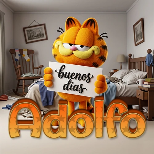 Garfield en dormitorio con pizarra blanca que dice 'Buenos Días', nombre en base 3D degradada naranja abajo. Nombre personalizado: Adolfo.
