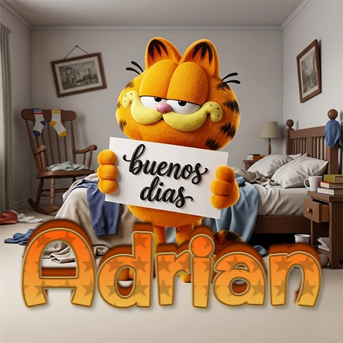 Garfield en dormitorio con pizarra blanca que dice 'Buenos Días', nombre en base 3D degradada naranja abajo. Nombre personalizado: Adrian.