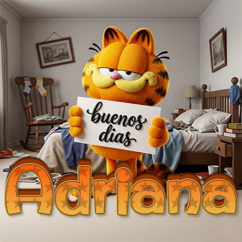 Garfield en dormitorio con pizarra blanca que dice 'Buenos Días', nombre en base 3D degradada naranja abajo. Nombre personalizado: Adriana.
