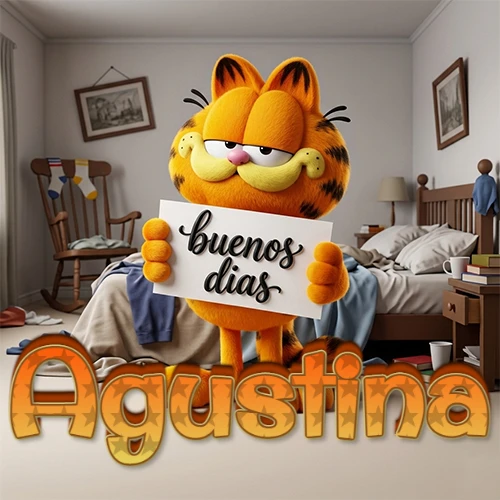 Garfield en dormitorio con pizarra blanca que dice 'Buenos Días', nombre en base 3D degradada naranja abajo. Nombre personalizado: Agustina.