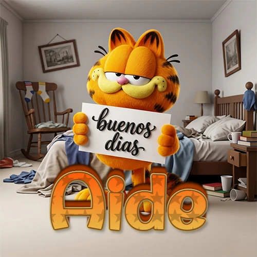 Garfield en dormitorio con pizarra blanca que dice 'Buenos Días', nombre en base 3D degradada naranja abajo. Nombre personalizado: Aide.