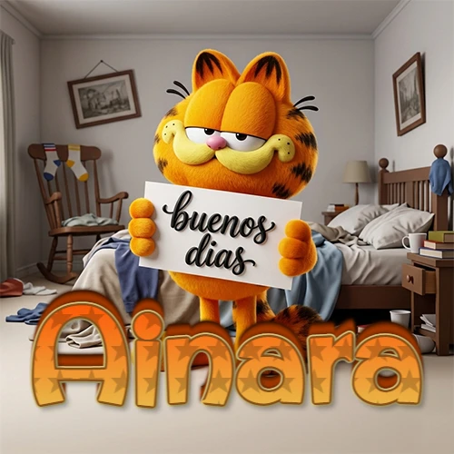 Garfield en dormitorio con pizarra blanca que dice 'Buenos Días', nombre en base 3D degradada naranja abajo. Nombre personalizado: Ainara.