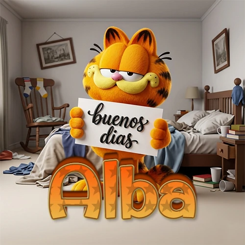 Garfield en dormitorio con pizarra blanca que dice 'Buenos Días', nombre en base 3D degradada naranja abajo. Nombre personalizado: Alba.