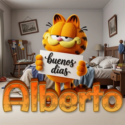 Garfield en dormitorio con pizarra blanca que dice 'Buenos Días', nombre en base 3D degradada naranja abajo. Nombre personalizado: Alberto.