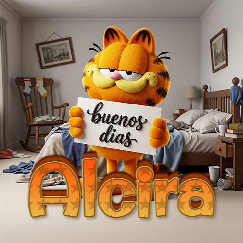 Garfield en dormitorio con pizarra blanca que dice 'Buenos Días', nombre en base 3D degradada naranja abajo. Nombre personalizado: Alcira.
