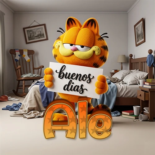 Garfield en dormitorio con pizarra blanca que dice 'Buenos Días', nombre en base 3D degradada naranja abajo. Nombre personalizado: Ale. Garfield en dormitorio con pizarra blanca que dice 'Buenos Días', nombre en base 3D degradada naranja abajo. Nombre personalizado: Ale.