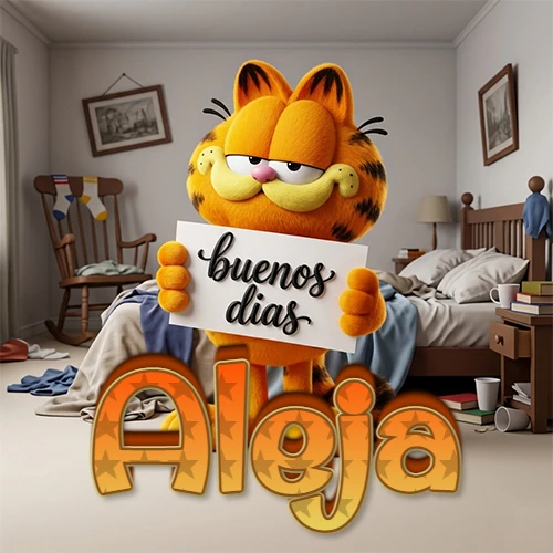 Garfield en dormitorio con pizarra blanca que dice 'Buenos Días', nombre en base 3D degradada naranja abajo. Nombre personalizado: Aleja.