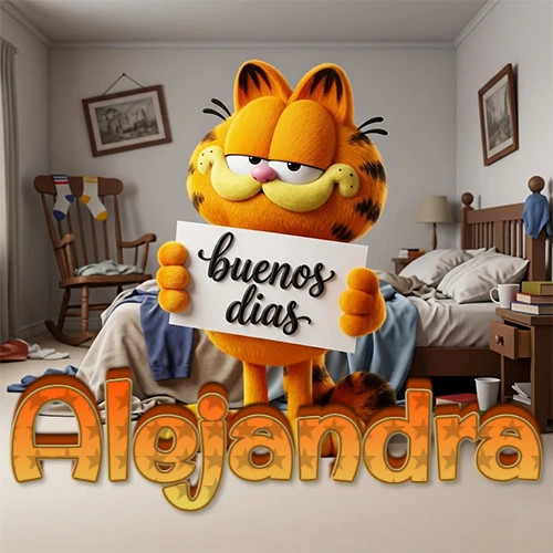 Garfield en dormitorio con pizarra blanca que dice 'Buenos Días', nombre en base 3D degradada naranja abajo. Nombre personalizado: Alejandra.