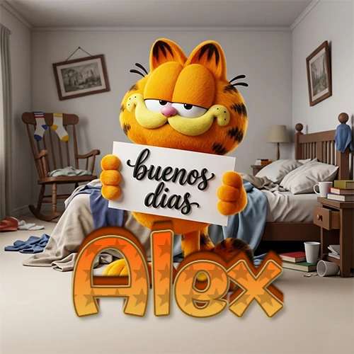 Garfield en dormitorio con pizarra blanca que dice 'Buenos Días', nombre en base 3D degradada naranja abajo. Nombre personalizado: Alex.