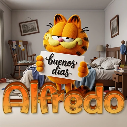 Garfield en dormitorio con pizarra blanca que dice 'Buenos Días', nombre en base 3D degradada naranja abajo. Nombre personalizado: Alfredo.