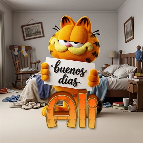 Garfield en dormitorio con pizarra blanca que dice 'Buenos Días', nombre en base 3D degradada naranja abajo. Nombre personalizado: Ali.
