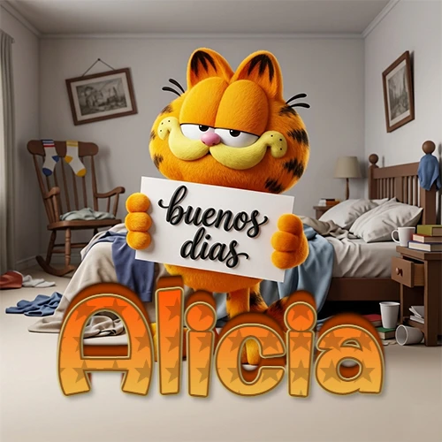 Garfield en dormitorio con pizarra blanca que dice 'Buenos Días', nombre en base 3D degradada naranja abajo. Nombre personalizado: Alicia.
