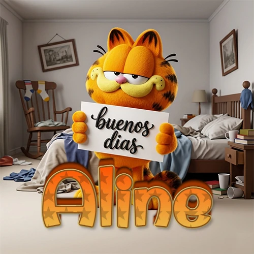 Garfield en dormitorio con pizarra blanca que dice 'Buenos Días', nombre en base 3D degradada naranja abajo. Nombre personalizado: Aline. Garfield en dormitorio con pizarra blanca que dice 'Buenos Días', nombre en base 3D degradada naranja abajo. Nombre personalizado: Aline.