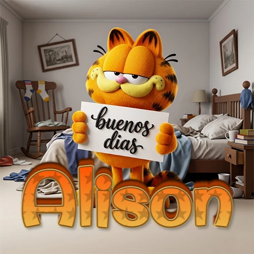 Garfield en dormitorio con pizarra blanca que dice 'Buenos Días', nombre en base 3D degradada naranja abajo. Nombre personalizado: Alison.