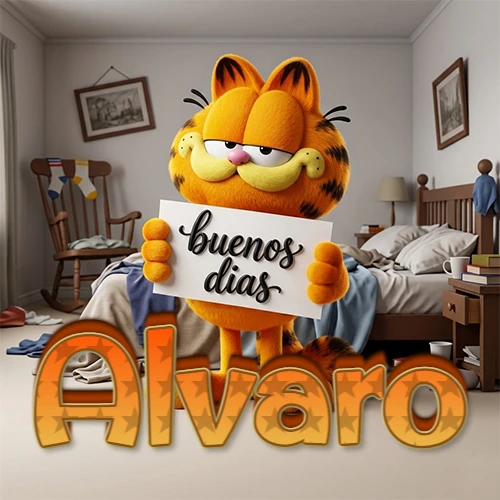 Garfield en dormitorio con pizarra blanca que dice 'Buenos Días', nombre en base 3D degradada naranja abajo. Nombre personalizado: Alvaro.