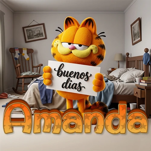 Garfield en dormitorio con pizarra blanca que dice 'Buenos Días', nombre en base 3D degradada naranja abajo. Nombre personalizado: Amanda.
