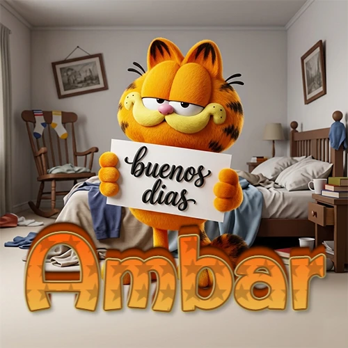 Garfield en dormitorio con pizarra blanca que dice 'Buenos Días', nombre en base 3D degradada naranja abajo. Nombre personalizado: Ambar.