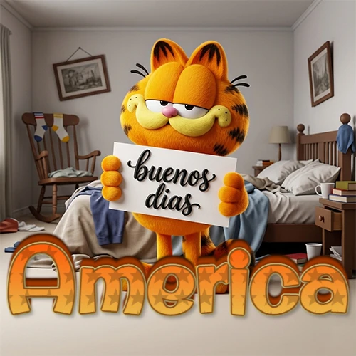 Garfield en dormitorio con pizarra blanca que dice 'Buenos Días', nombre en base 3D degradada naranja abajo. Nombre personalizado: America.