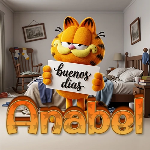 Garfield en dormitorio con pizarra blanca que dice 'Buenos Días', nombre en base 3D degradada naranja abajo. Nombre personalizado: Anabel.
