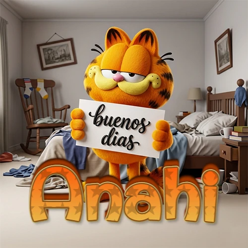 Garfield en dormitorio con pizarra blanca que dice 'Buenos Días', nombre en base 3D degradada naranja abajo. Nombre personalizado: Anahi.