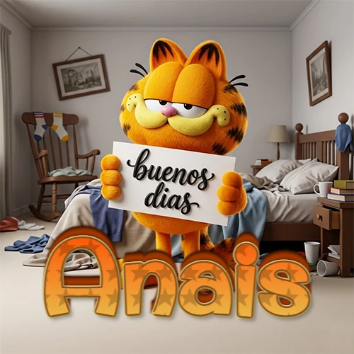 Garfield en dormitorio con pizarra blanca que dice 'Buenos Días', nombre en base 3D degradada naranja abajo. Nombre personalizado: Anais.