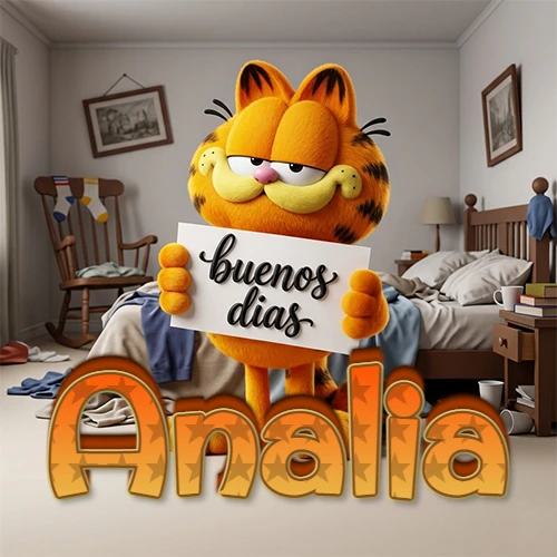 Garfield en dormitorio con pizarra blanca que dice 'Buenos Días', nombre en base 3D degradada naranja abajo. Nombre personalizado: Analia.