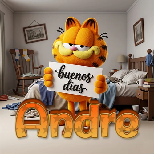 Garfield en dormitorio con pizarra blanca que dice 'Buenos Días', nombre en base 3D degradada naranja abajo. Nombre personalizado: Andre.