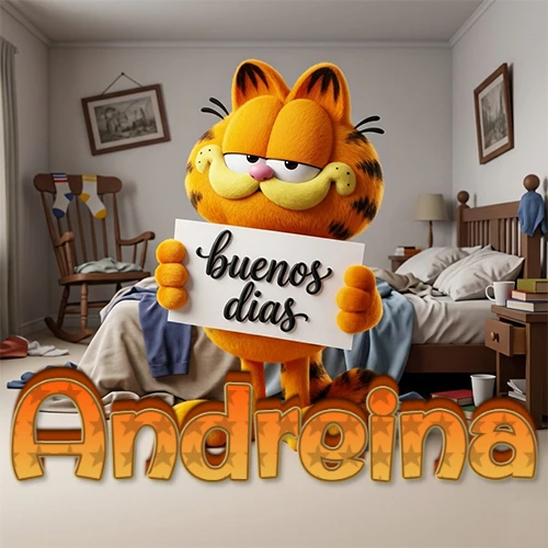 Garfield en dormitorio con pizarra blanca que dice 'Buenos Días', nombre en base 3D degradada naranja abajo. Nombre personalizado: Andreina.