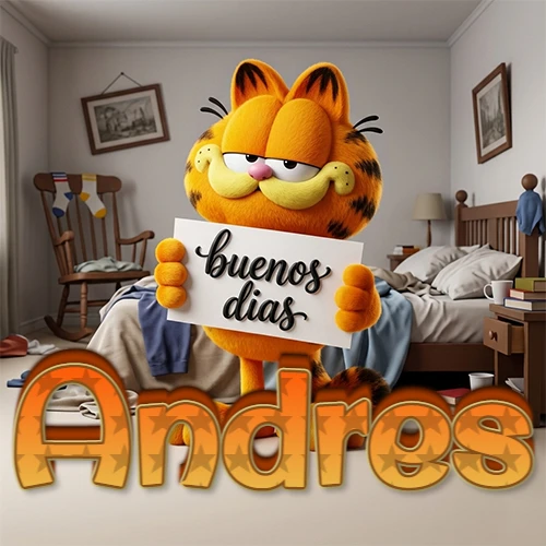 Garfield en dormitorio con pizarra blanca que dice 'Buenos Días', nombre en base 3D degradada naranja abajo. Nombre personalizado: Andres.