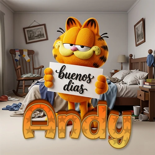 Garfield en dormitorio con pizarra blanca que dice 'Buenos Días', nombre en base 3D degradada naranja abajo. Nombre personalizado: Andy.