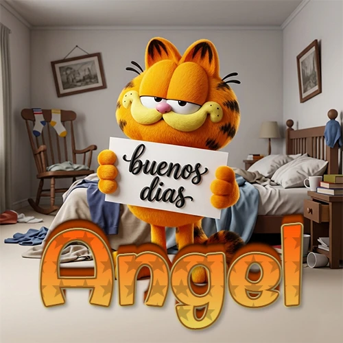 Garfield en dormitorio con pizarra blanca que dice 'Buenos Días', nombre en base 3D degradada naranja abajo. Nombre personalizado: Angel. Garfield en dormitorio con pizarra blanca que dice 'Buenos Días', nombre en base 3D degradada naranja abajo. Nombre personalizado: Angel.