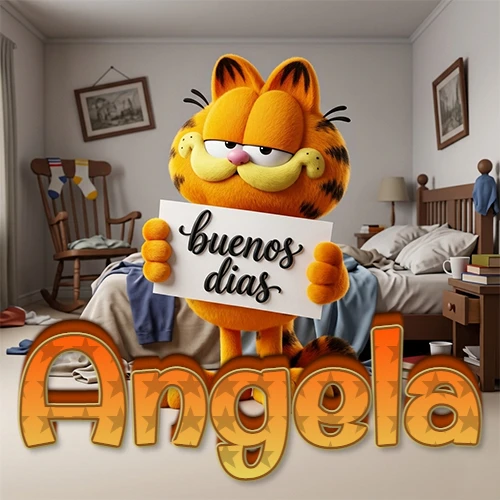 Garfield en dormitorio con pizarra blanca que dice 'Buenos Días', nombre en base 3D degradada naranja abajo. Nombre personalizado: Angela. Garfield en dormitorio con pizarra blanca que dice 'Buenos Días', nombre en base 3D degradada naranja abajo. Nombre personalizado: Angela.