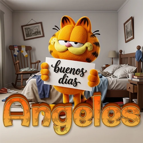 Garfield en dormitorio con pizarra blanca que dice 'Buenos Días', nombre en base 3D degradada naranja abajo. Nombre personalizado: Angeles.