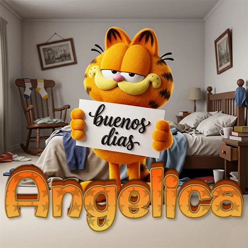 Garfield en dormitorio con pizarra blanca que dice 'Buenos Días', nombre en base 3D degradada naranja abajo. Nombre personalizado: Angelica.