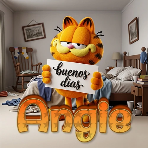 Garfield en dormitorio con pizarra blanca que dice 'Buenos Días', nombre en base 3D degradada naranja abajo. Nombre personalizado: Angie.