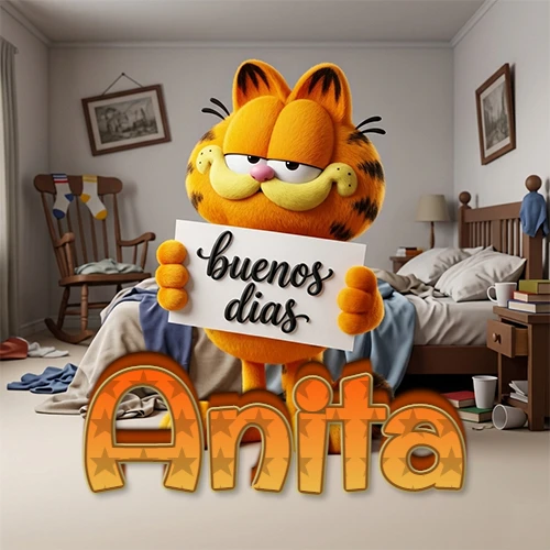 Garfield en dormitorio con pizarra blanca que dice 'Buenos Días', nombre en base 3D degradada naranja abajo. Nombre personalizado: Anita.