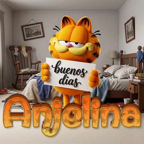 Garfield en dormitorio con pizarra blanca que dice 'Buenos Días', nombre en base 3D degradada naranja abajo. Nombre personalizado: Anjelina.