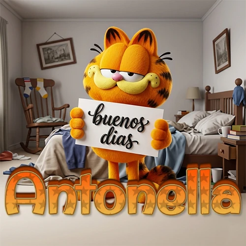 Garfield en dormitorio con pizarra blanca que dice 'Buenos Días', nombre en base 3D degradada naranja abajo. Nombre personalizado: Antonella.
