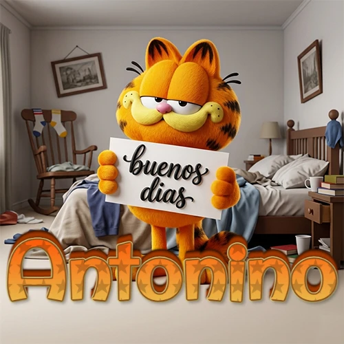 Garfield en dormitorio con pizarra blanca que dice 'Buenos Días', nombre en base 3D degradada naranja abajo. Nombre personalizado: Antonino.