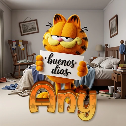 Garfield en dormitorio con pizarra blanca que dice 'Buenos Días', nombre en base 3D degradada naranja abajo. Nombre personalizado: Any.
