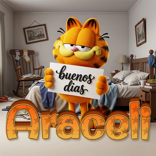 Garfield en dormitorio con pizarra blanca que dice 'Buenos Días', nombre en base 3D degradada naranja abajo. Nombre personalizado: Araceli.