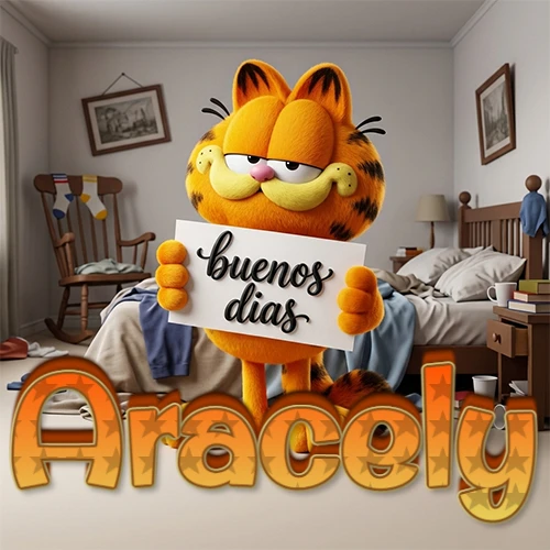 Garfield en dormitorio con pizarra blanca que dice 'Buenos Días', nombre en base 3D degradada naranja abajo. Nombre personalizado: Aracely.
