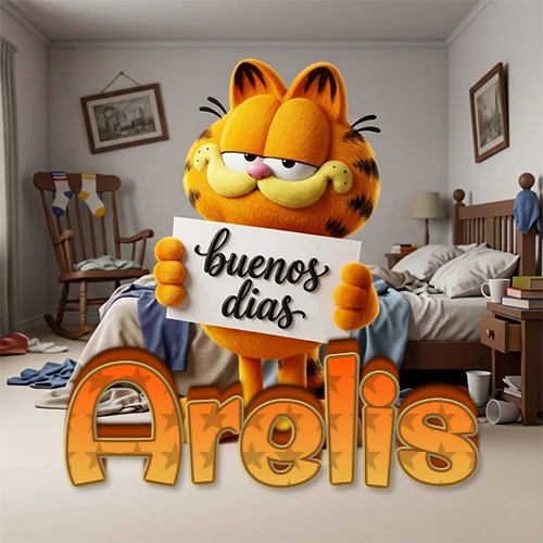 Garfield en dormitorio con pizarra blanca que dice 'Buenos Días', nombre en base 3D degradada naranja abajo. Nombre personalizado: Arelis.