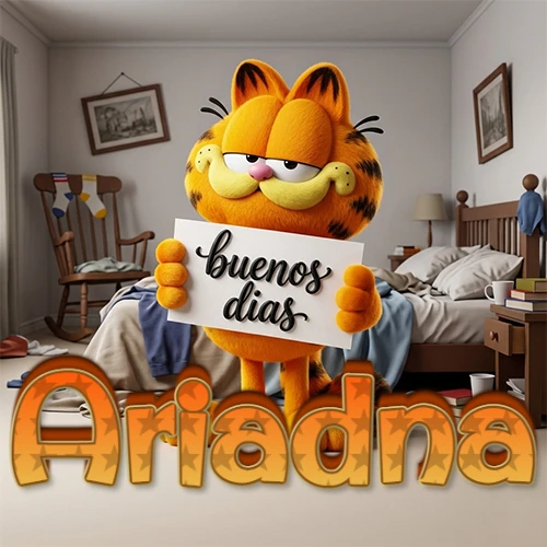 Garfield en dormitorio con pizarra blanca que dice 'Buenos Días', nombre en base 3D degradada naranja abajo. Nombre personalizado: Ariadna.